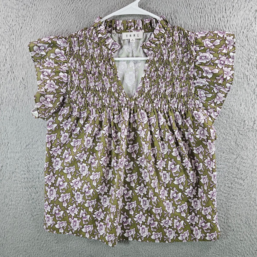 THML Olive Green Floral Smocked V-Neck Blouse with Lilac Flowers